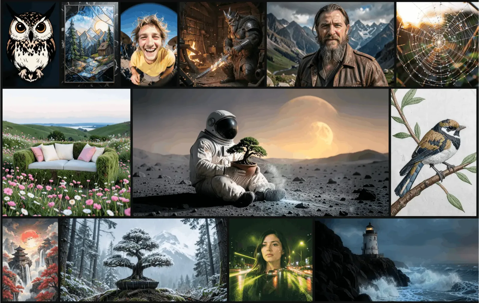 Collage of twelve generated images including an owl illustration, an astronaut holding a bonsai tree on the Moon and a lighthouse in a storm