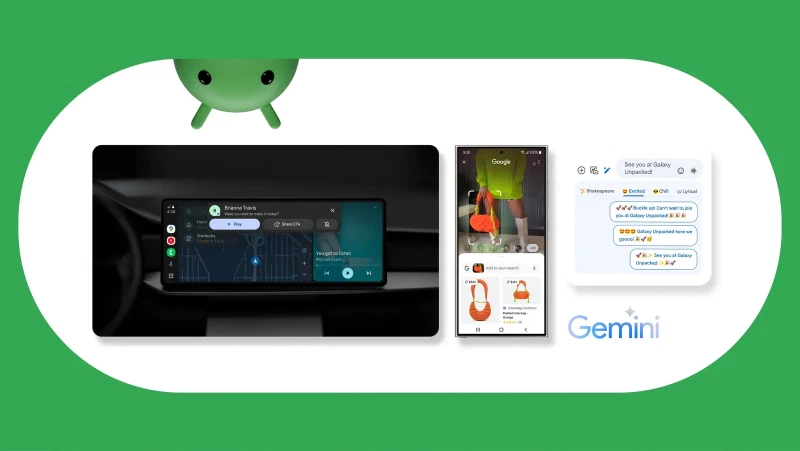Product collage showing Android Auto on a car screen, Circle to Search on a Galaxy phone and Magic Compose reply suggestions labelled Shakespeare, Excited, Chill and Lyrical
