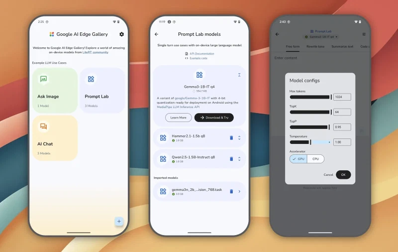 Three Android screens showing the Google AI Edge Gallery home tiles for Ask Image, Prompt Lab and AI Chat, a model list with Gemma3-1B-IT q4 at 554.7 MB, and a config dialog with an Accelerator switch set to GPU