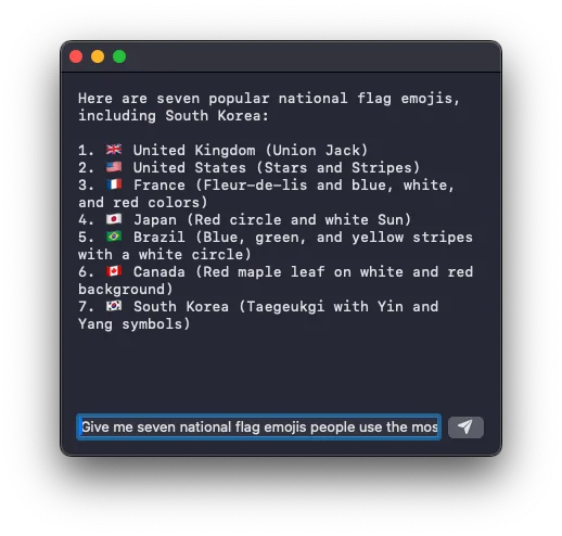 SwiftUI demo window listing seven national flag emojis with their country names, above a text field holding the prompt and a send button