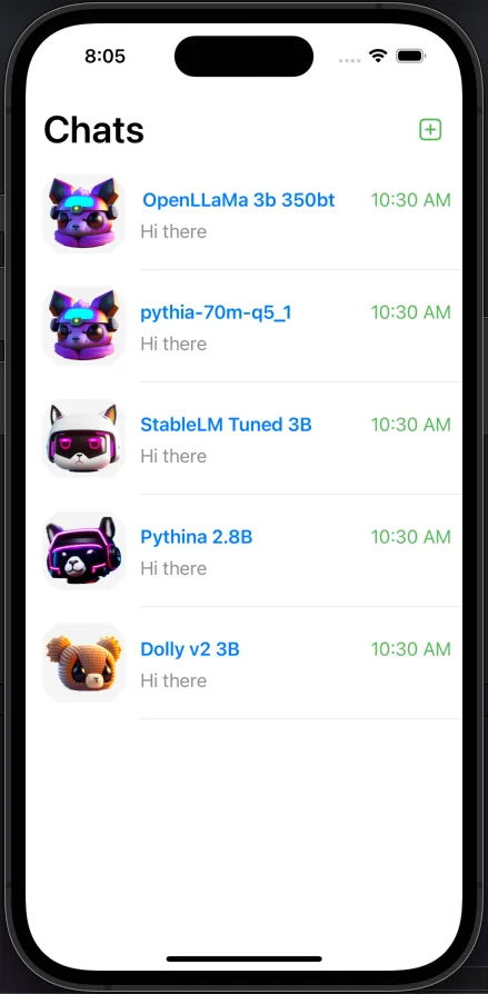 iPhone screen showing the LLMFarm chat list with five locally stored models, among them OpenLLaMa 3b 350bt, StableLM Tuned 3B and Dolly v2 3B