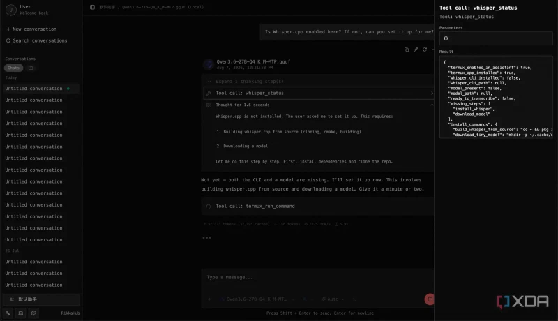 RikkaHub Agent interface showing a whisper_status tool call returning that the Whisper CLI and model are missing, followed by a termux_run_command call